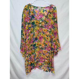 Anne Cole M/L Pink/Orange Floral Sheer Knee Length Swimsuit Cover Up